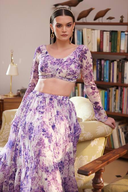 Buy_Rasasvada_Purple Chiffon Scoop Neck Floral Bloom Print Blouse With Skirt 