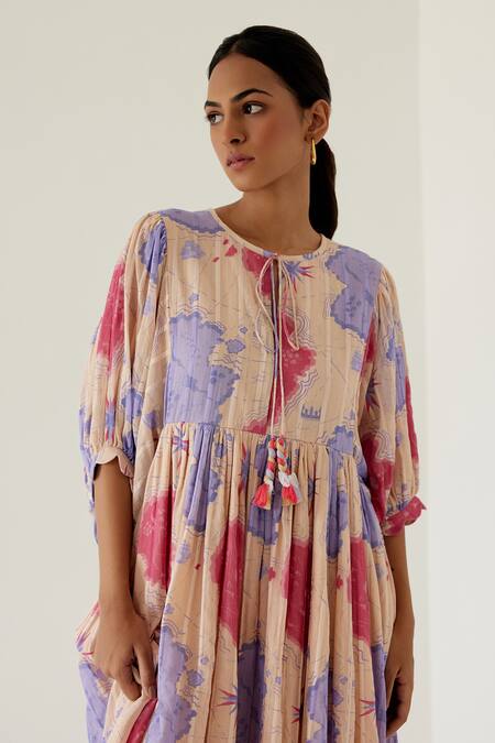 Shop Sage Saga Yellow Cotton Tassels Round Neck Antalya Sage Print Dress Online at Aza Fashions Shop_Sage Saga_Yellow Cotton Tassels Round Neck Antalya Sage Print Dress _Online_at_Aza_Fashions