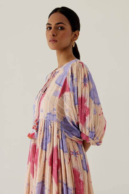 Buy Sage Saga Yellow Cotton Tassels Round Neck Antalya Sage Print Dress Buy_Sage Saga_Yellow Cotton Tassels Round Neck Antalya Sage Print Dress