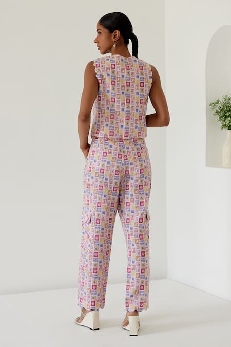 Shop Sage Saga Yellow Linen V-neck Antalya Stamp Print Waistcoat With Cargo Pant at Aza Fashions Shop_Sage Saga_Yellow Linen V-neck Antalya Stamp Print Waistcoat With Cargo Pant _at_Aza_Fashions