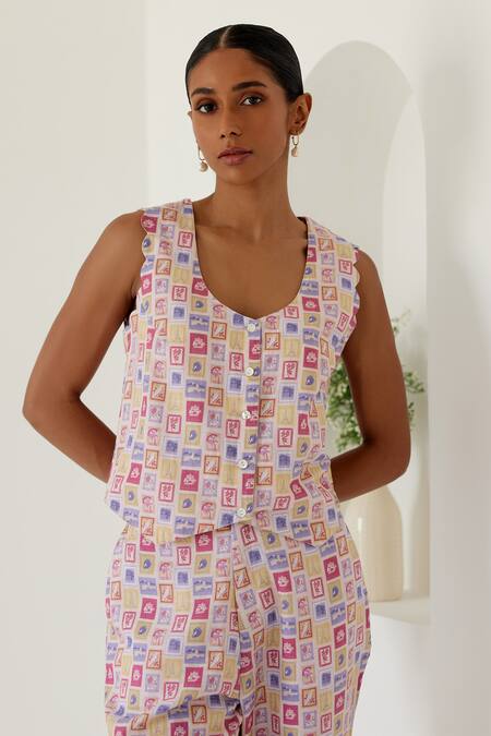Shop Sage Saga Yellow Linen V-neck Antalya Stamp Print Waistcoat With Cargo Pant Online at Aza Fashions Shop_Sage Saga_Yellow Linen V-neck Antalya Stamp Print Waistcoat With Cargo Pant _Online_at_Aza_Fashions