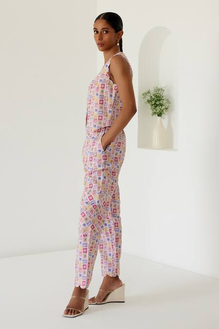 Buy Sage Saga Yellow Linen V-neck Antalya Stamp Print Waistcoat With Cargo Pant Buy_Sage Saga_Yellow Linen V-neck Antalya Stamp Print Waistcoat With Cargo Pant