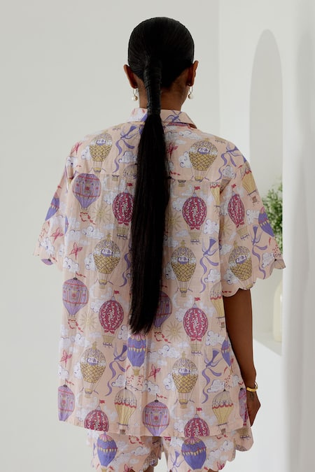 Shop Sage Saga Yellow Linen Antalya Hot Air Balloon Print Shirt With Shorts at Aza Fashions Shop_Sage Saga_Yellow Linen Antalya Hot Air Balloon Print Shirt With Shorts _at_Aza_Fashions