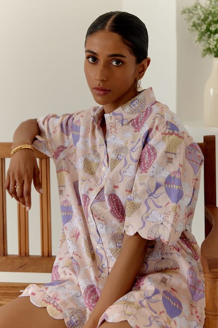 Sage Saga Yellow Linen Antalya Hot Air Balloon Print Shirt With Shorts Online at Aza Fashions Sage Saga_Yellow Linen Antalya Hot Air Balloon Print Shirt With Shorts _Online_at_Aza_Fashions