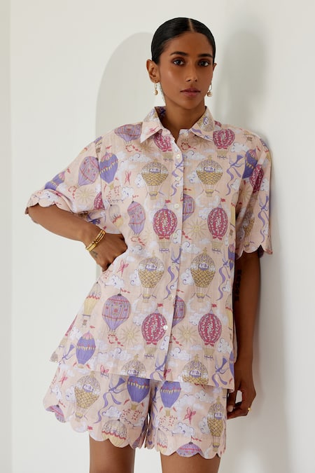 Buy Sage Saga Yellow Linen Antalya Hot Air Balloon Print Shirt With Shorts Online at Aza Fashions Buy_Sage Saga_Yellow Linen Antalya Hot Air Balloon Print Shirt With Shorts _Online_at_Aza_Fashions