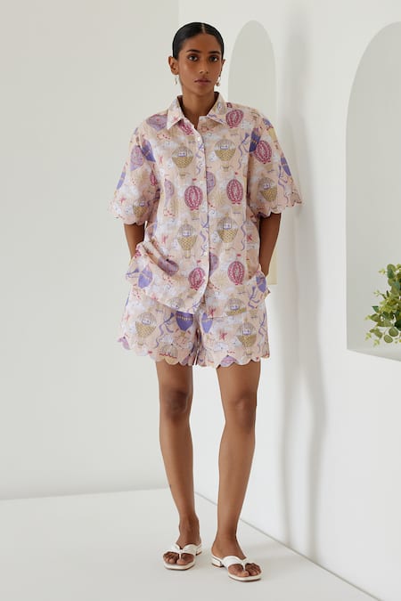 Shop Sage Saga Yellow Linen Antalya Hot Air Balloon Print Shirt With Shorts Online at Aza Fashions Shop_Sage Saga_Yellow Linen Antalya Hot Air Balloon Print Shirt With Shorts _Online_at_Aza_Fashions