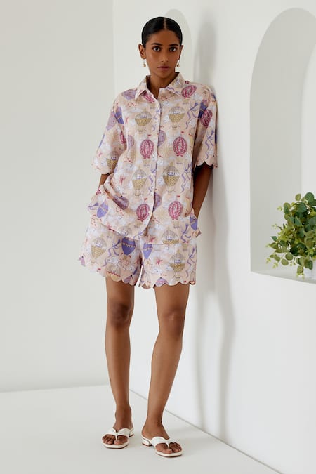 Sage Saga Yellow Linen Antalya Hot Air Balloon Print Shirt With Shorts at Aza Fashions Sage Saga_Yellow Linen Antalya Hot Air Balloon Print Shirt With Shorts _at_Aza_Fashions