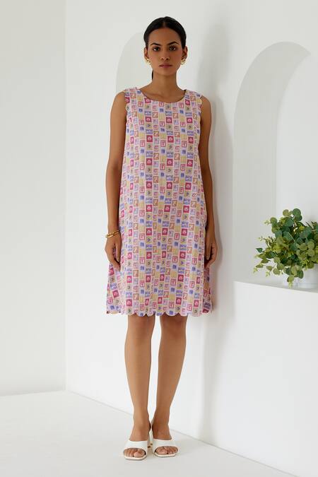 Sage Saga Yellow Linen Round Neck Antalya Printed Shift Dress Online at Aza Fashions Sage Saga_Yellow Linen Round Neck Antalya Printed Shift Dress _Online_at_Aza_Fashions
