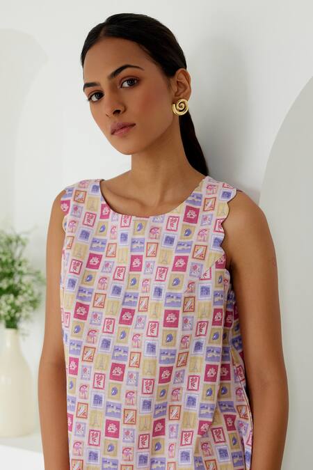Shop Sage Saga Yellow Linen Round Neck Antalya Printed Shift Dress Online at Aza Fashions Shop_Sage Saga_Yellow Linen Round Neck Antalya Printed Shift Dress _Online_at_Aza_Fashions