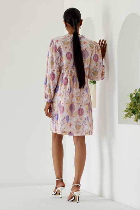 Shop Sage Saga Yellow Linen Mandarin Collar Antalya Sage Print Dress at Aza Fashions Shop_Sage Saga_Yellow Linen Mandarin Collar Antalya Sage Print Dress _at_Aza_Fashions