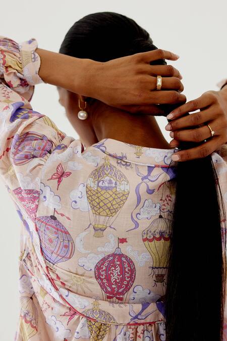 Shop Sage Saga Yellow Linen Mandarin Collar Antalya Sage Print Dress Online at Aza Fashions Shop_Sage Saga_Yellow Linen Mandarin Collar Antalya Sage Print Dress _Online_at_Aza_Fashions