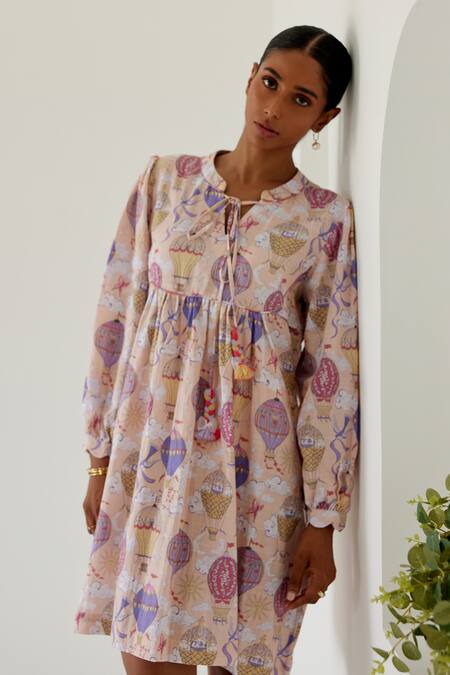 Buy Sage Saga Yellow Linen Mandarin Collar Antalya Sage Print Dress Buy_Sage Saga_Yellow Linen Mandarin Collar Antalya Sage Print Dress