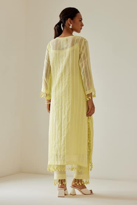 Shop Sage Saga Yellow Linen, Muslin, Cotton Tassels, Antalya Woven Striped Kurta Palazzo Set at Aza Fashions Shop_Sage Saga_Yellow Linen, Muslin, Cotton Tassels, Antalya Woven Striped Kurta Palazzo Set _at_Aza_Fashions