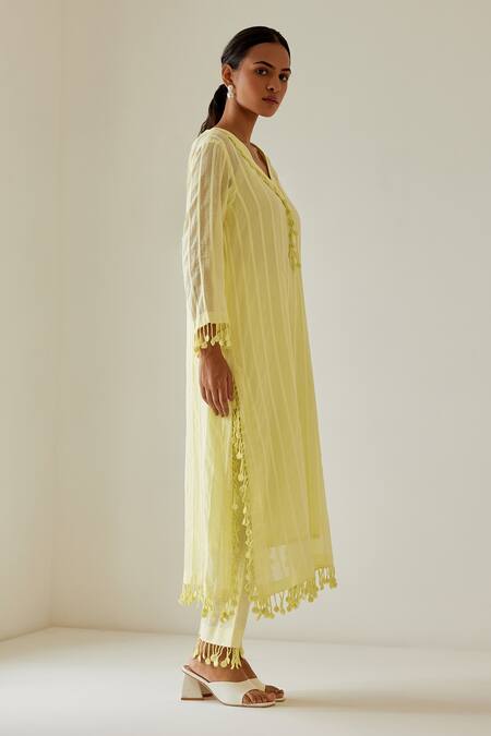 Buy Sage Saga Yellow Linen, Muslin, Cotton Tassels, Antalya Woven Striped Kurta Palazzo Set Online at Aza Fashions Buy_Sage Saga_Yellow Linen, Muslin, Cotton Tassels, Antalya Woven Striped Kurta Palazzo Set _Online_at_Aza_Fashions