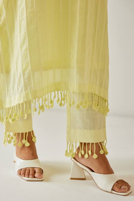 Shop Sage Saga Yellow Linen, Muslin, Cotton Tassels, Antalya Woven Striped Kurta Palazzo Set Online at Aza Fashions Shop_Sage Saga_Yellow Linen, Muslin, Cotton Tassels, Antalya Woven Striped Kurta Palazzo Set _Online_at_Aza_Fashions