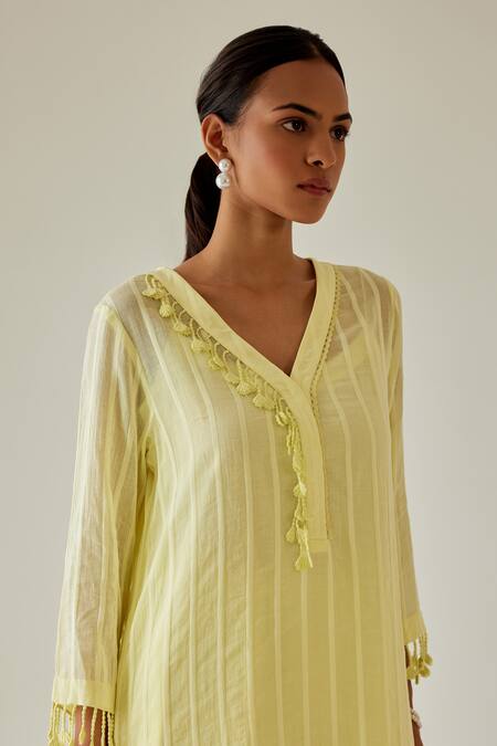 Sage Saga Yellow Linen, Muslin, Cotton Tassels, Antalya Woven Striped Kurta Palazzo Set at Aza Fashions Sage Saga_Yellow Linen, Muslin, Cotton Tassels, Antalya Woven Striped Kurta Palazzo Set _at_Aza_Fashions