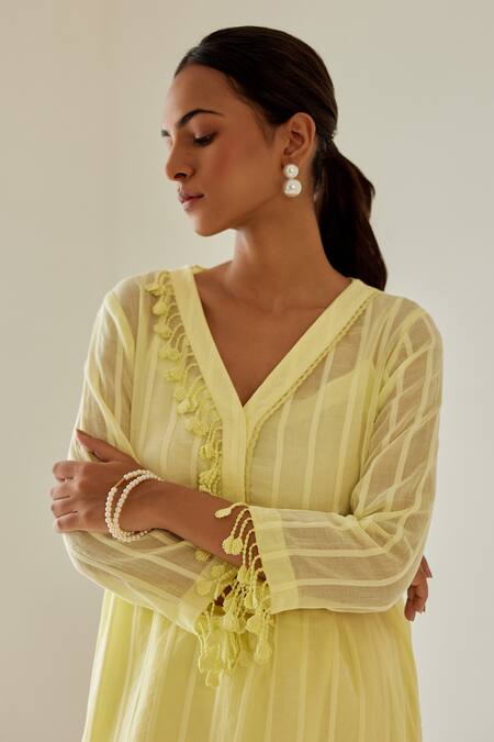 Buy Sage Saga Yellow Linen, Muslin, Cotton Tassels, Antalya Woven Striped Kurta Palazzo Set Buy_Sage Saga_Yellow Linen, Muslin, Cotton Tassels, Antalya Woven Striped Kurta Palazzo Set