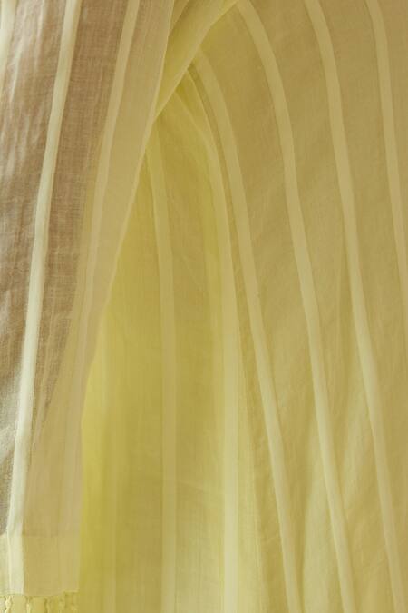 Shop Sage Saga Yellow Linen, Muslin, Cotton Tassels, Antalya Woven Striped Kurta Palazzo Set Shop_Sage Saga_Yellow Linen, Muslin, Cotton Tassels, Antalya Woven Striped Kurta Palazzo Set