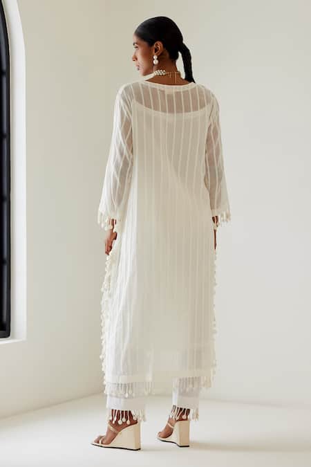 Shop_Sage Saga_White Linen Woven Stripe Kurta V-neck Antalya Palazzo Set _at_Aza_Fashions