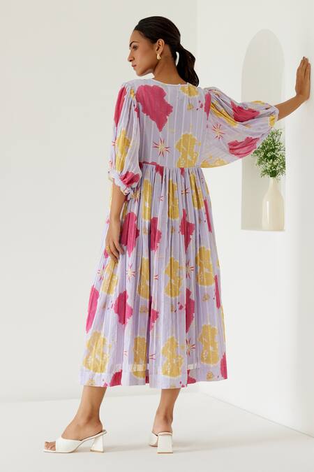 Shop Sage Saga Purple Cotton Round Neck Riviera Printed Front Tie Dress at Aza Fashions Shop_Sage Saga_Purple Cotton Round Neck Riviera Printed Front Tie Dress _at_Aza_Fashions