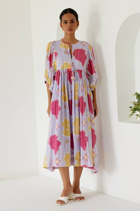 Sage Saga Purple Cotton Round Neck Riviera Printed Front Tie Dress Online at Aza Fashions Sage Saga_Purple Cotton Round Neck Riviera Printed Front Tie Dress _Online_at_Aza_Fashions