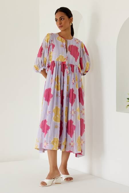 Buy Sage Saga Purple Cotton Round Neck Riviera Printed Front Tie Dress Online at Aza Fashions Buy_Sage Saga_Purple Cotton Round Neck Riviera Printed Front Tie Dress _Online_at_Aza_Fashions