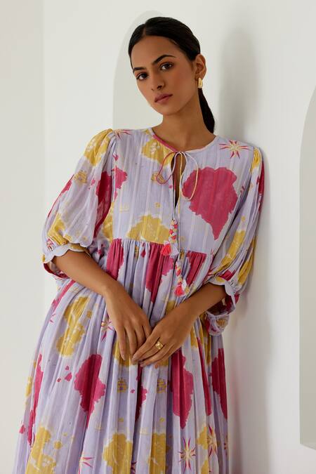 Shop Sage Saga Purple Cotton Round Neck Riviera Printed Front Tie Dress Online at Aza Fashions Shop_Sage Saga_Purple Cotton Round Neck Riviera Printed Front Tie Dress _Online_at_Aza_Fashions