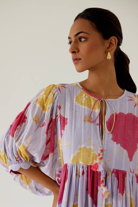 Sage Saga Purple Cotton Round Neck Riviera Printed Front Tie Dress at Aza Fashions Sage Saga_Purple Cotton Round Neck Riviera Printed Front Tie Dress _at_Aza_Fashions