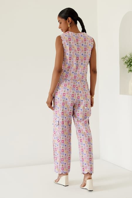 Shop Sage Saga Purple Linen V-neck Riviera Printed Waistcoat With Cargo Pant at Aza Fashions Shop_Sage Saga_Purple Linen V-neck Riviera Printed Waistcoat With Cargo Pant _at_Aza_Fashions