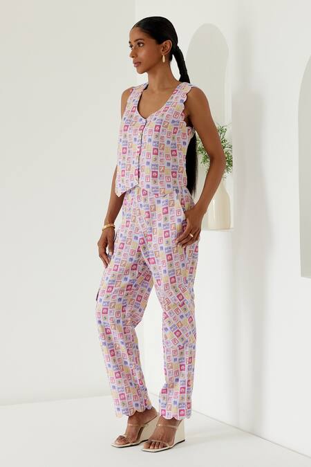 Sage Saga Purple Linen V-neck Riviera Printed Waistcoat With Cargo Pant Online at Aza Fashions Sage Saga_Purple Linen V-neck Riviera Printed Waistcoat With Cargo Pant _Online_at_Aza_Fashions