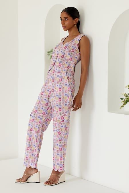 Buy Sage Saga Purple Linen V-neck Riviera Printed Waistcoat With Cargo Pant Online at Aza Fashions Buy_Sage Saga_Purple Linen V-neck Riviera Printed Waistcoat With Cargo Pant _Online_at_Aza_Fashions