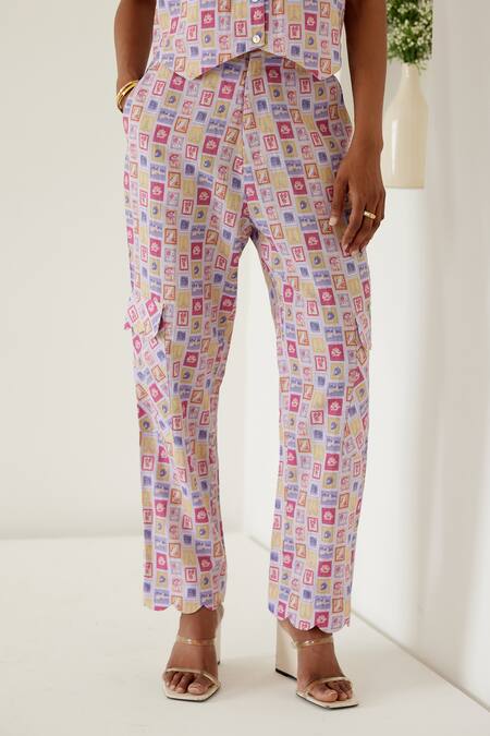 Sage Saga Purple Linen V-neck Riviera Printed Waistcoat With Cargo Pant at Aza Fashions Sage Saga_Purple Linen V-neck Riviera Printed Waistcoat With Cargo Pant _at_Aza_Fashions