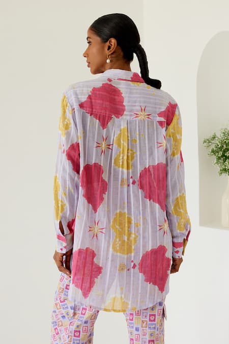 Shop Sage Saga Purple Linen, Cotton Riviera Sage Map Print Shirt With Cargo Pant at Aza Fashions Shop_Sage Saga_Purple Linen, Cotton Riviera Sage Map Print Shirt With Cargo Pant _at_Aza_Fashions