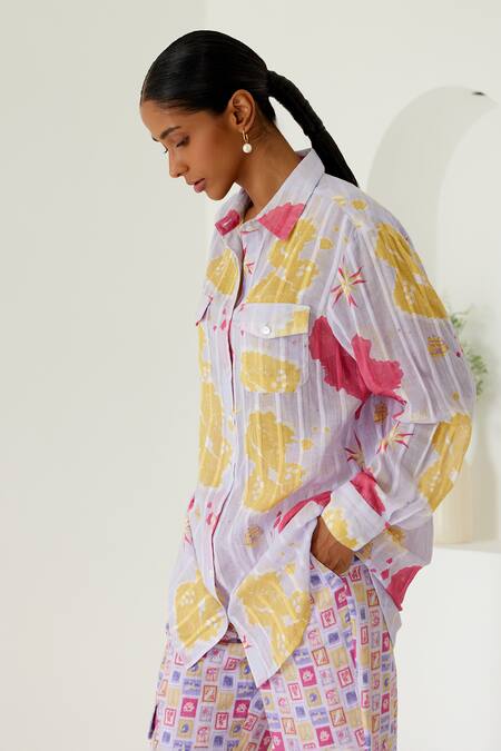 Shop Sage Saga Purple Linen, Cotton Riviera Sage Map Print Shirt With Cargo Pant Online at Aza Fashions Shop_Sage Saga_Purple Linen, Cotton Riviera Sage Map Print Shirt With Cargo Pant _Online_at_Aza_Fashions