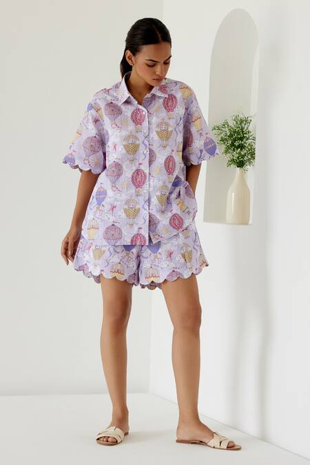Sage Saga Purple Linen Shawl Neck Riviera Printed Shirt With Shorts Online at Aza Fashions Sage Saga_Purple Linen Shawl Neck Riviera Printed Shirt With Shorts _Online_at_Aza_Fashions