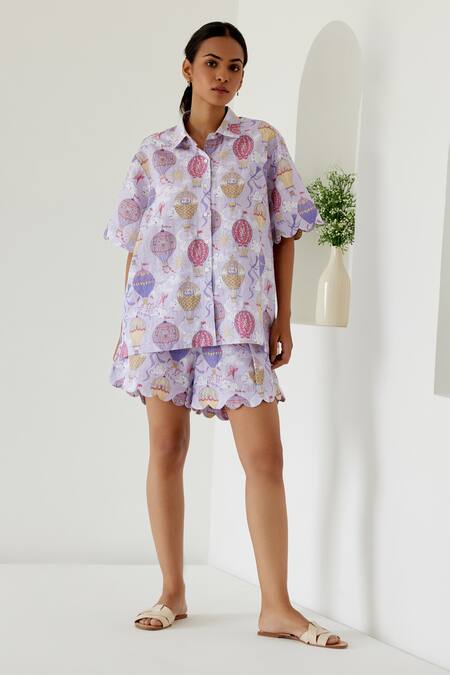Buy Sage Saga Purple Linen Shawl Neck Riviera Printed Shirt With Shorts Online at Aza Fashions Buy_Sage Saga_Purple Linen Shawl Neck Riviera Printed Shirt With Shorts _Online_at_Aza_Fashions
