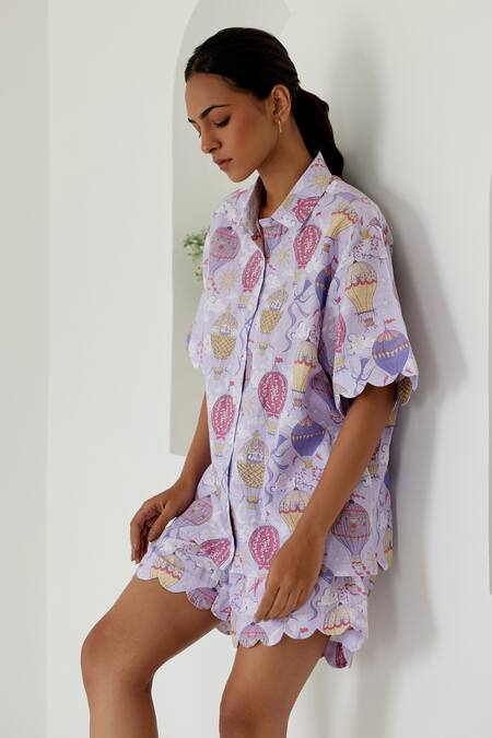 Sage Saga Purple Linen Shawl Neck Riviera Printed Shirt With Shorts at Aza Fashions Sage Saga_Purple Linen Shawl Neck Riviera Printed Shirt With Shorts _at_Aza_Fashions