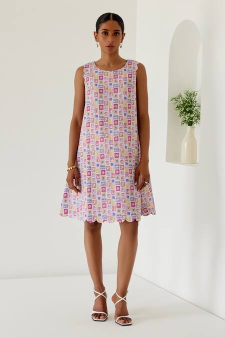 Sage Saga Purple Linen Round Neck Riviera Stamp Print Shift Dress Online at Aza Fashions Sage Saga_Purple Linen Round Neck Riviera Stamp Print Shift Dress _Online_at_Aza_Fashions