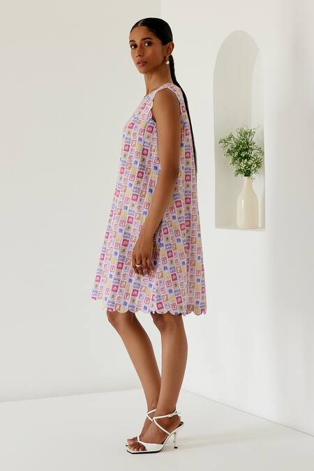 Buy Sage Saga Purple Linen Round Neck Riviera Stamp Print Shift Dress Online at Aza Fashions Buy_Sage Saga_Purple Linen Round Neck Riviera Stamp Print Shift Dress _Online_at_Aza_Fashions