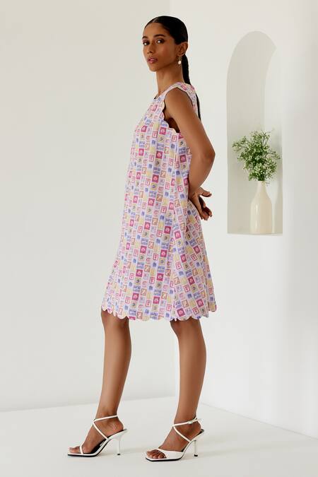 Shop Sage Saga Purple Linen Round Neck Riviera Stamp Print Shift Dress Online at Aza Fashions Shop_Sage Saga_Purple Linen Round Neck Riviera Stamp Print Shift Dress _Online_at_Aza_Fashions
