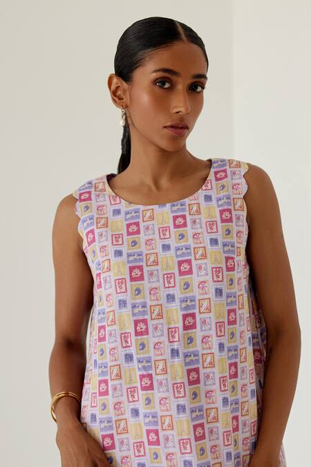 Sage Saga Purple Linen Round Neck Riviera Stamp Print Shift Dress at Aza Fashions Sage Saga_Purple Linen Round Neck Riviera Stamp Print Shift Dress _at_Aza_Fashions