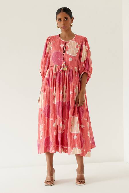 Sage Saga_Coral Tassels Round Neck Sophia Map Print Dress _Online_at_Aza_Fashions