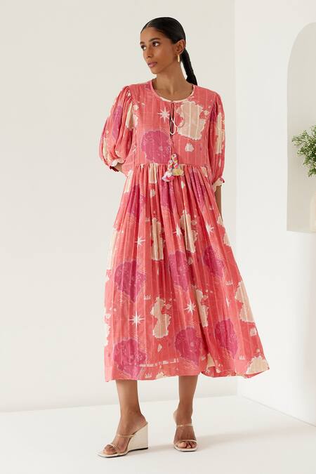 Buy_Sage Saga_Coral Tassels Round Neck Sophia Map Print Dress _Online_at_Aza_Fashions