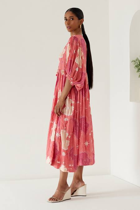 Shop_Sage Saga_Coral Tassels Round Neck Sophia Map Print Dress _Online_at_Aza_Fashions