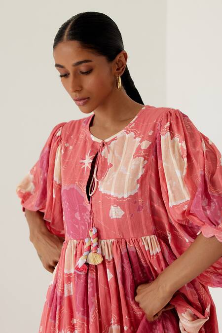 Sage Saga_Coral Tassels Round Neck Sophia Map Print Dress _at_Aza_Fashions