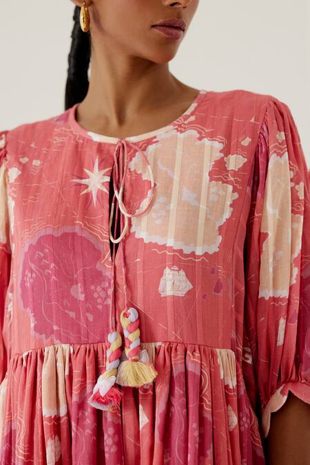 Buy_Sage Saga_Coral Tassels Round Neck Sophia Map Print Dress 