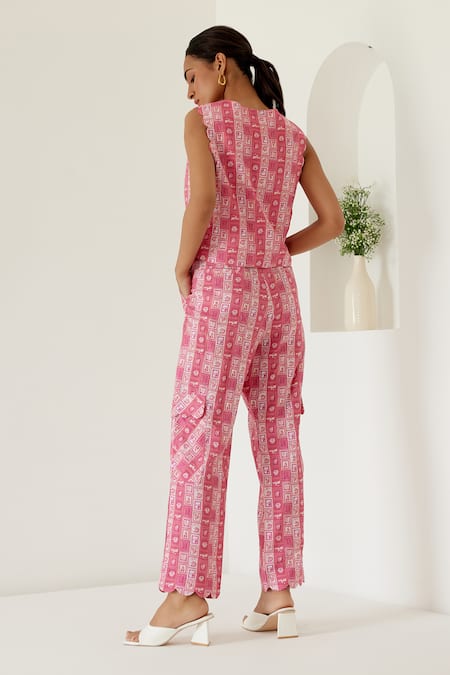 Sage Saga Sophia Linen Sage Print Waistcoat With Cargo Pant 