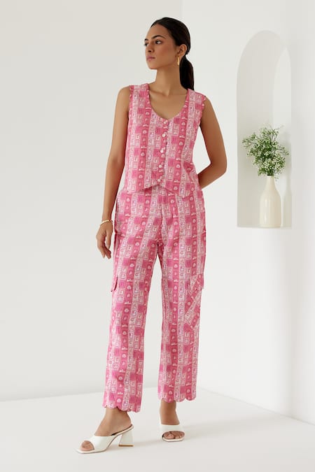 Sage Saga_Coral Linen V-neck Sophia Sage Print Waistcoat With Cargo Pant _Online_at_Aza_Fashions