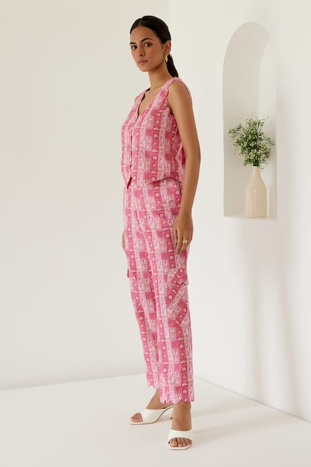 Buy_Sage Saga_Coral Linen V-neck Sophia Sage Print Waistcoat With Cargo Pant _Online_at_Aza_Fashions