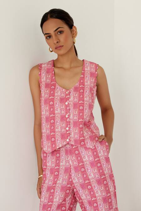 Shop_Sage Saga_Coral Linen V-neck Sophia Sage Print Waistcoat With Cargo Pant _Online_at_Aza_Fashions